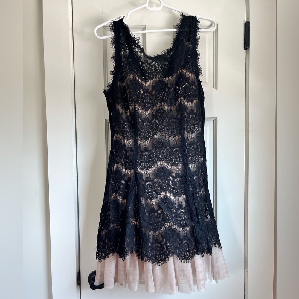 Betsy and Adam stunning black lace and nude dress